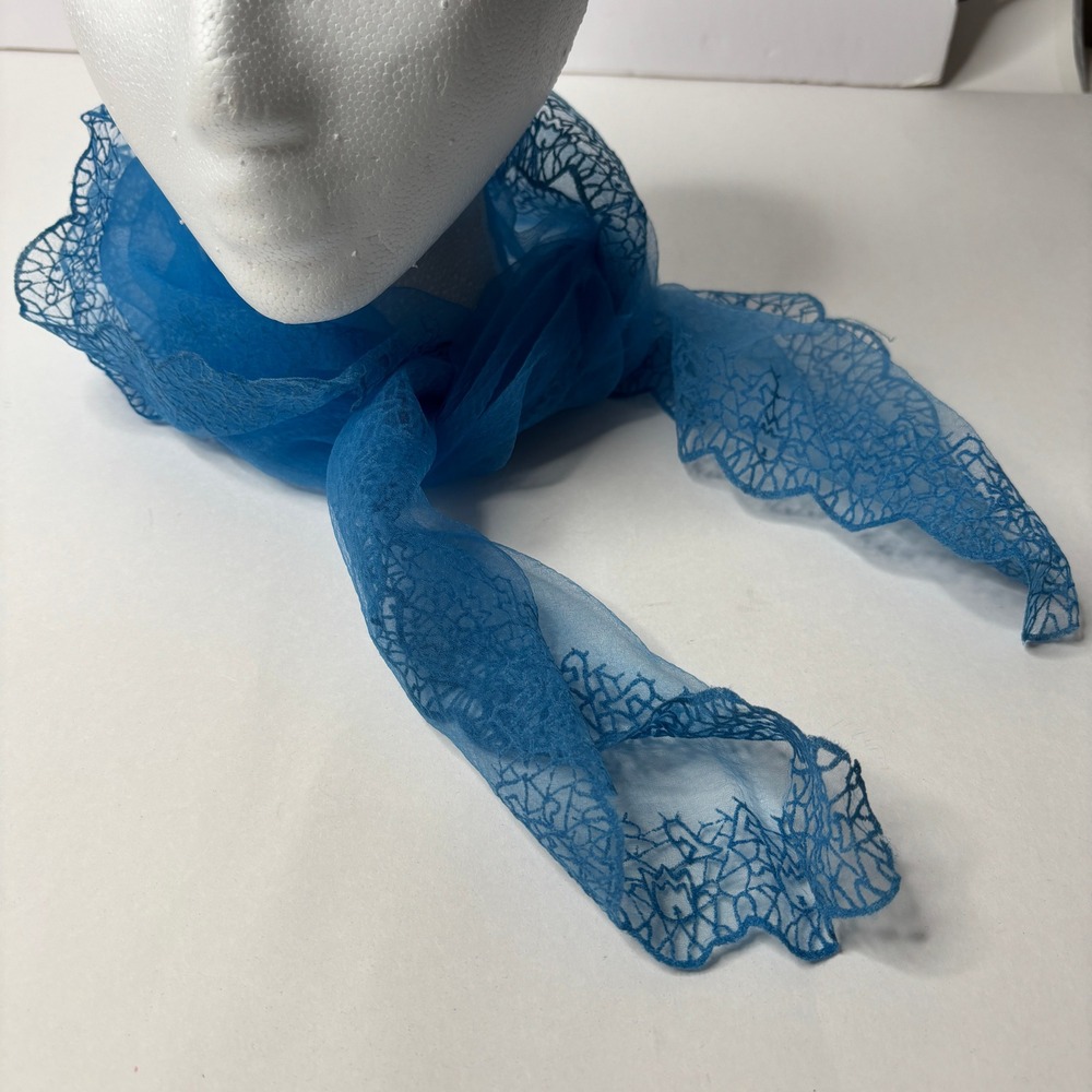 Vintage Blue Sheer Nylon Scarf Lace Trim Scalloped Edge MCM Mod Chiffon Kerchief